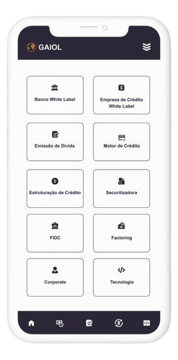 Imagem de um smart phone simulando um aplicativo que tem vários quadrantes de serviços diferentes. o cabeçalho é na cor azul escuto, com a nossa logo marca e com um ícone de menu na cor branca.