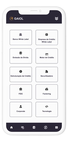 Imagem de um smart phone simulando um aplicativo que tem vários quadrantes de serviços diferentes. o cabeçalho é na cor azul escuto, com a nossa logo marca e com um ícone de menu na cor branca.