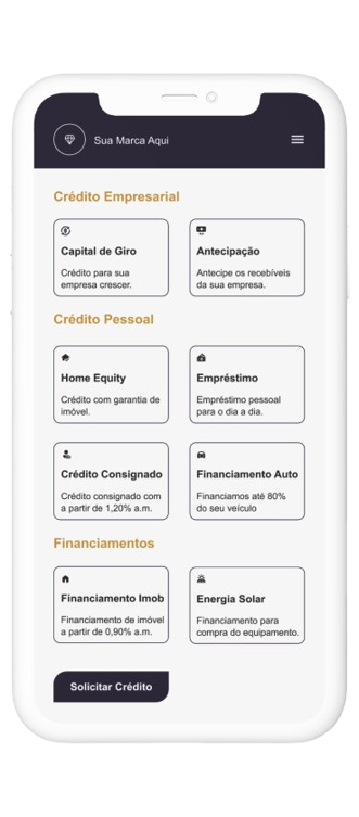 Imagem de um smart phone simulando uma empresa de crédito com várias soluções em empréstimos.