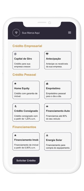 Imagem de um smart phone simulando uma empresa de crédito com várias soluções em empréstimos.